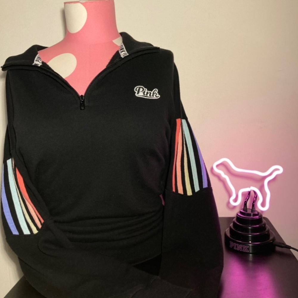 Victoria’s Secret Pink Quarter Zip Pullover Hoodie Rainbow Pride Logo Retro Y2K - Picture 13 of 15